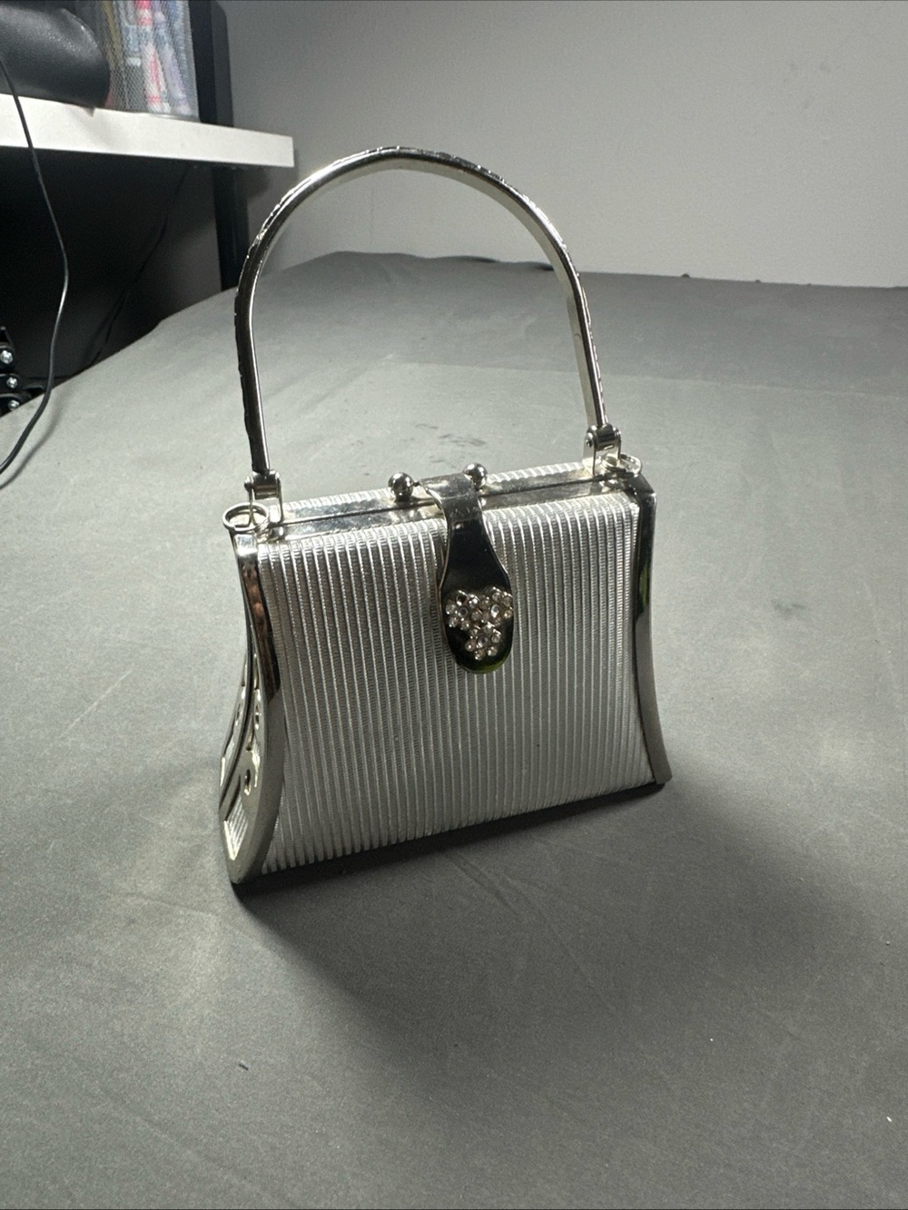 Silver Ribbed Evening Wristlet with Crystal Clasp